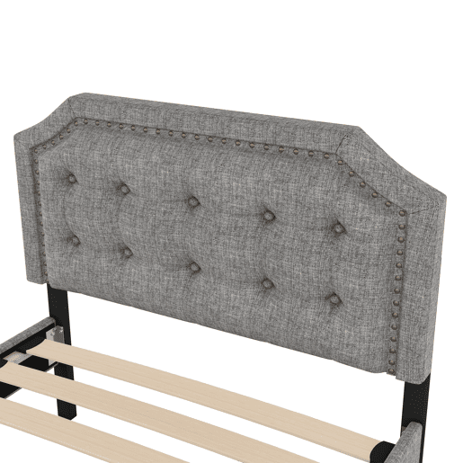 Cama estofada em tecido de linho com 2 gavetas - 90x200 cm - cabeceira decorada com rebites - Cinzento
