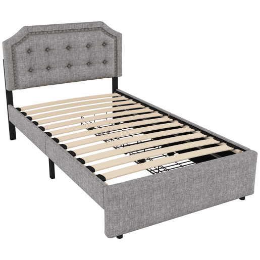 Cama estofada em tecido de linho com 2 gavetas - 90x200 cm - cabeceira decorada com rebites - Cinzento