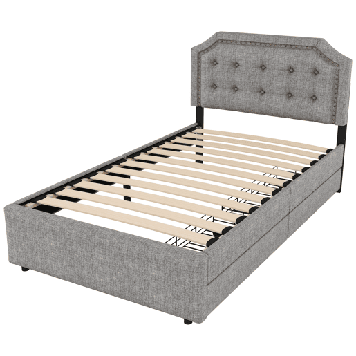 Cama estofada em tecido de linho com 2 gavetas - 90x200 cm - cabeceira decorada com rebites - Cinzento