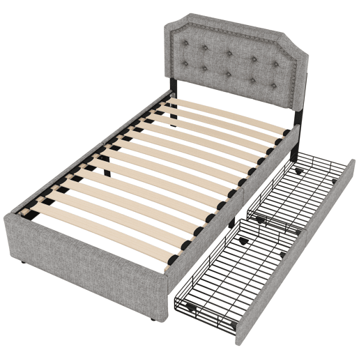 Cama estofada em tecido de linho com 2 gavetas - 90x200 cm - cabeceira decorada com rebites - Cinzento