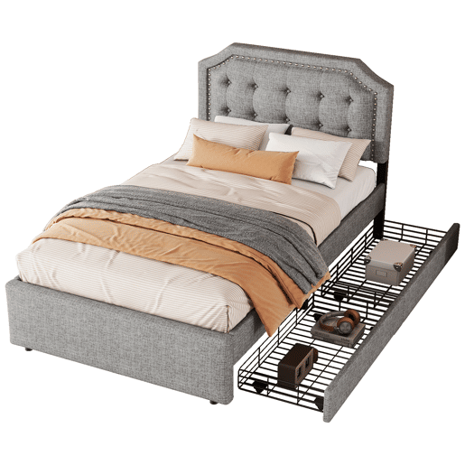 Cama estofada em tecido de linho com 2 gavetas - 90x200 cm - cabeceira decorada com rebites - Cinzento