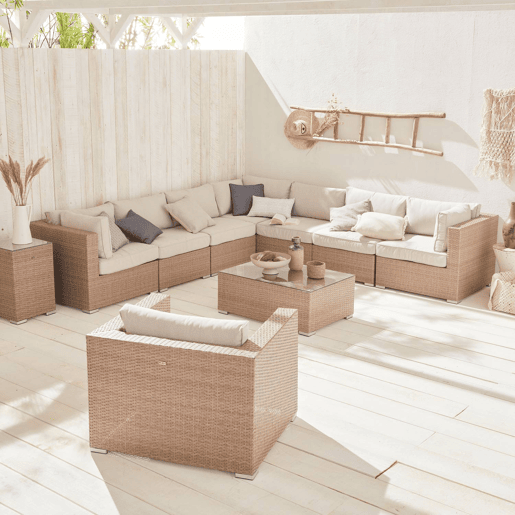 Conjunto de jardim relax em resina tecida para 8 a 10 pessoas, Venezia, Beige, 303.5x82x67 cm