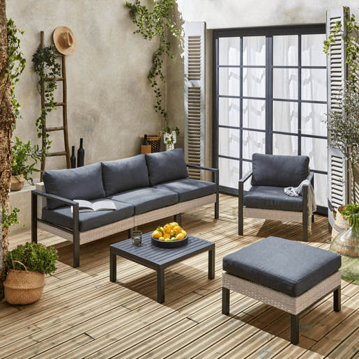 Conjunto de jardim com sofá, mesa e poltrona em alumínio, 5 lugares, Velletri, Antracite, 68x74x76 cm