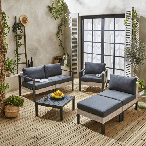Conjunto de jardim com sofá, mesa e poltrona em alumínio, 5 lugares, Velletri, Antracite, 68x74x76 cm