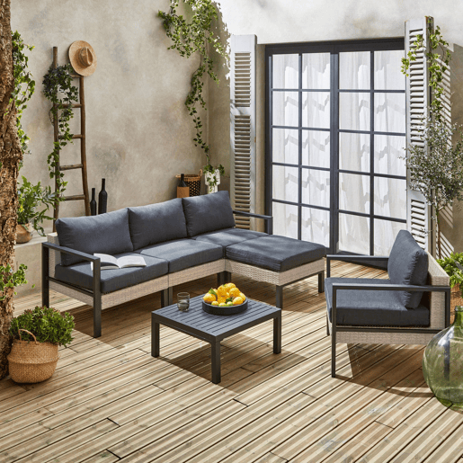 Conjunto de jardim com sofá, mesa e poltrona em alumínio, 5 lugares, Velletri, Antracite, 68x74x76 cm
