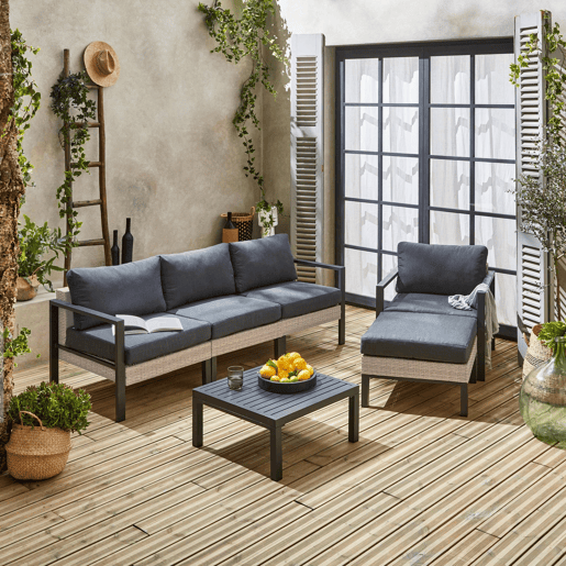 Conjunto de jardim com sofá, mesa e poltrona em alumínio, 5 lugares, Velletri, Antracite, 68x74x76 cm