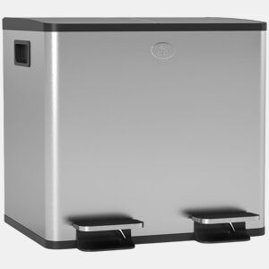 HOMCOM Balde de Lixo de Cozinha com 2 Compartimentos 2x15L Cubo de Lixo de Aço Inoxidável com Pedal Tampa de Fechamento Suave Rolo de 30 Bolsas de Lixo e Cubo Amovível 41,7x36,6x43,2 cm Prata
