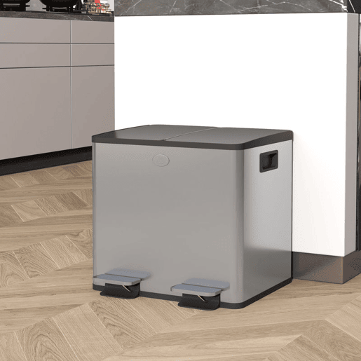 HOMCOM Balde de Lixo de Cozinha com 2 Compartimentos 2x15L Cubo de Lixo de Aço Inoxidável com Pedal Tampa de Fechamento Suave Rolo de 30 Bolsas de Lixo e Cubo Amovível 41,7x36,6x43,2 cm Prata