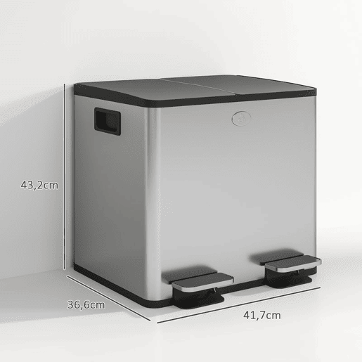 HOMCOM Balde de Lixo de Cozinha com 2 Compartimentos 2x15L Cubo de Lixo de Aço Inoxidável com Pedal Tampa de Fechamento Suave Rolo de 30 Bolsas de Lixo e Cubo Amovível 41,7x36,6x43,2 cm Prata