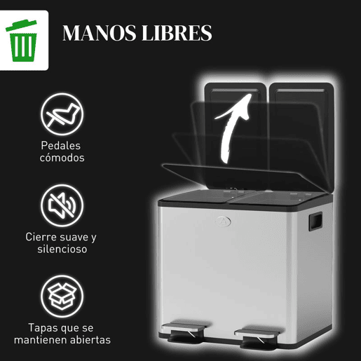 HOMCOM Balde de Lixo de Cozinha com 2 Compartimentos 2x15L Cubo de Lixo de Aço Inoxidável com Pedal Tampa de Fechamento Suave Rolo de 30 Bolsas de Lixo e Cubo Amovível 41,7x36,6x43,2 cm Prata