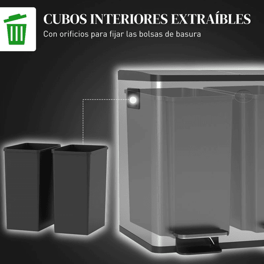 HOMCOM Balde de Lixo de Cozinha com 2 Compartimentos 2x15L Cubo de Lixo de Aço Inoxidável com Pedal Tampa de Fechamento Suave Rolo de 30 Bolsas de Lixo e Cubo Amovível 41,7x36,6x43,2 cm Prata