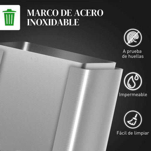 HOMCOM Balde de Lixo de Cozinha com 2 Compartimentos 2x15L Cubo de Lixo de Aço Inoxidável com Pedal Tampa de Fechamento Suave Rolo de 30 Bolsas de Lixo e Cubo Amovível 41,7x36,6x43,2 cm Prata