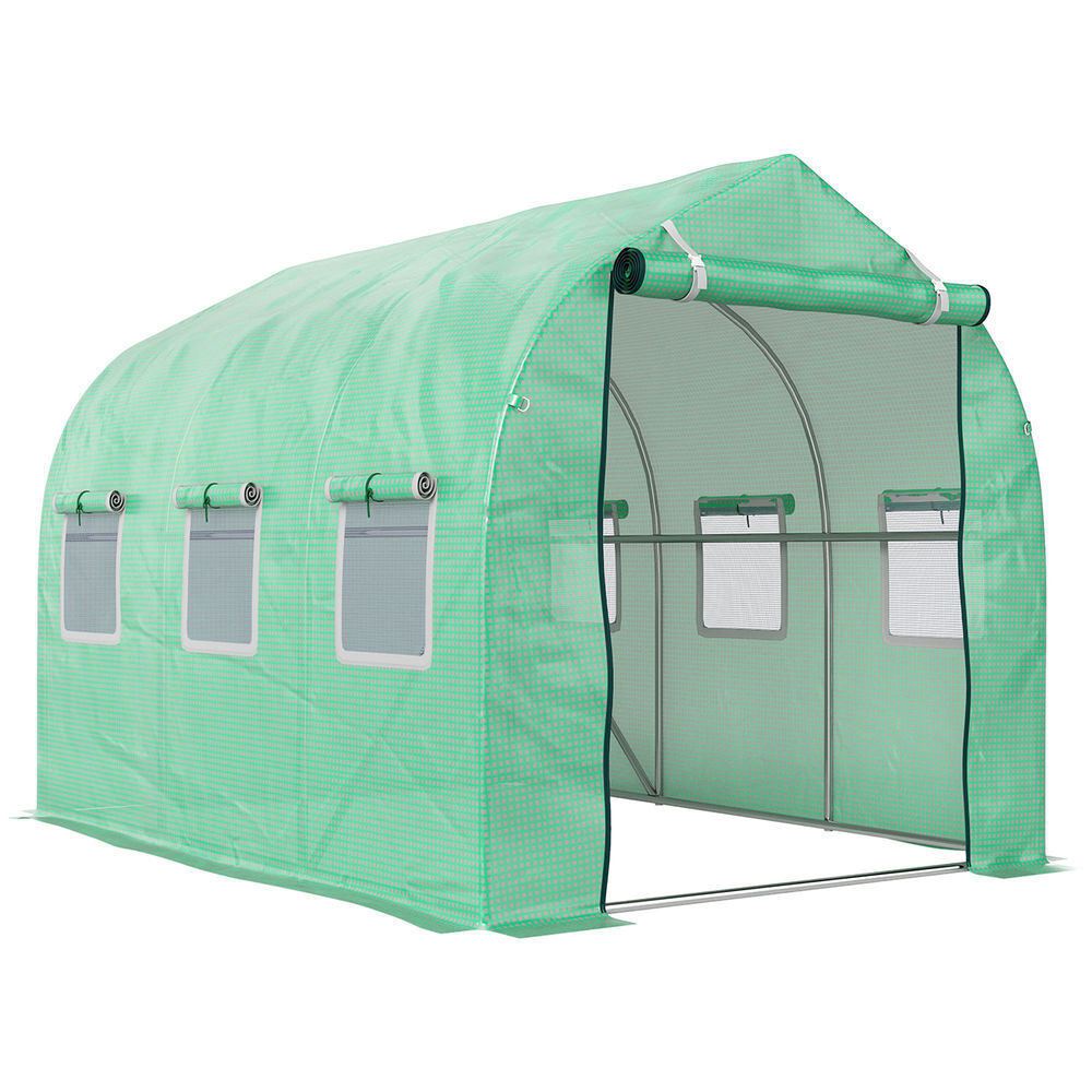Outsunny invernadero de exterior 3x2x2 m invernadero de túnel con 6 ventanas de malla puerta enrollable cubierta de pe 140g/㎡ anti-uv marco de metal galvanizado para patio jardín verde