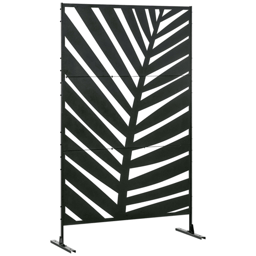 Outsunny Biombo de 3 Peças Separador de Ambientes com Desenho de Folha de Bananeira Biombo para Exterior Jardim Varanda 122x45x198 cm Preto