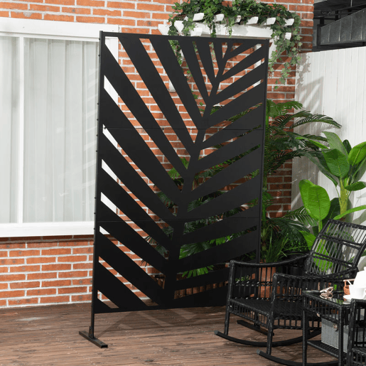 Outsunny Biombo de 3 Peças Separador de Ambientes com Desenho de Folha de Bananeira Biombo para Exterior Jardim Varanda 122x45x198 cm Preto