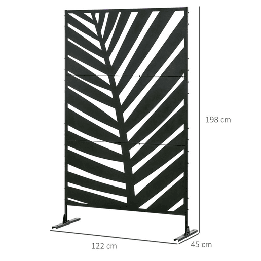 Outsunny Biombo de 3 Peças Separador de Ambientes com Desenho de Folha de Bananeira Biombo para Exterior Jardim Varanda 122x45x198 cm Preto