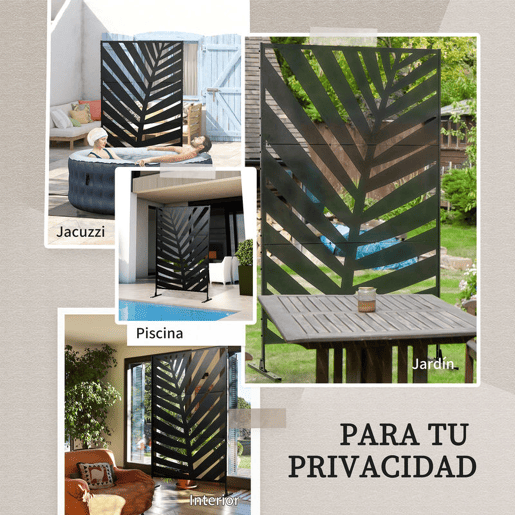 Outsunny Biombo de 3 Peças Separador de Ambientes com Desenho de Folha de Bananeira Biombo para Exterior Jardim Varanda 122x45x198 cm Preto