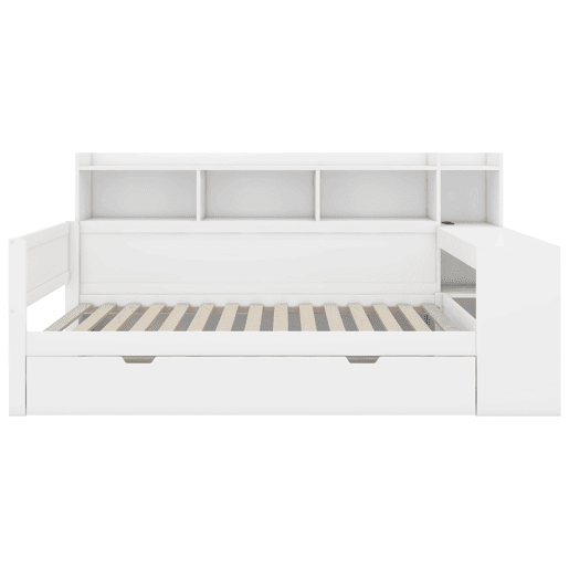 Sofá-cama 90x200 cm - secretária com tomada USB - 2 gavetas e prateleiras - Branco (colchão não incluído)