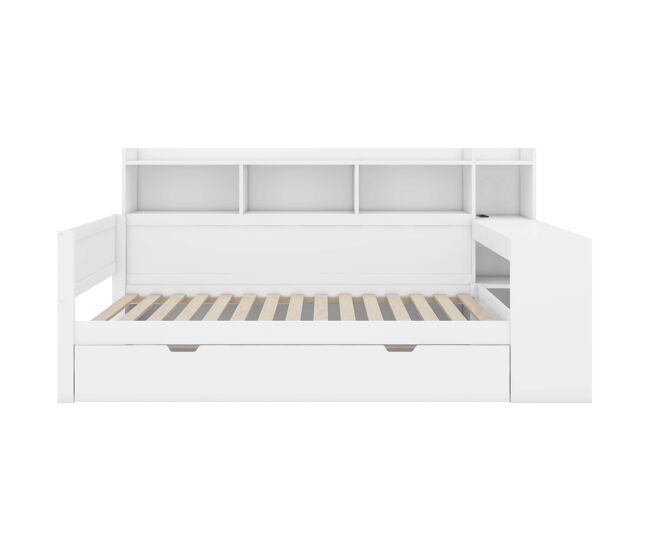 Sofá cama 90x200 cm - escritorio con toma usb - 2 cajones y estantes - blanco (colchón no incluido)