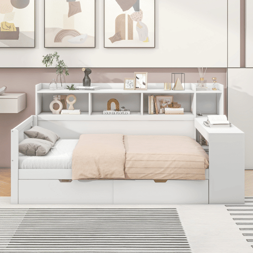 Sofá-cama 90x200 cm - secretária com tomada USB - 2 gavetas e prateleiras - Branco (colchão não incluído)