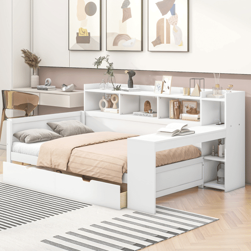 Sofá-cama 90x200 cm - secretária com tomada USB - 2 gavetas e prateleiras - Branco (colchão não incluído)