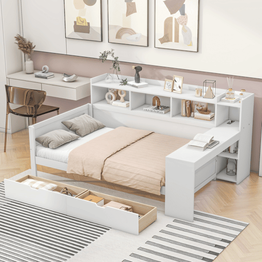 Sofá-cama 90x200 cm - secretária com tomada USB - 2 gavetas e prateleiras - Branco (colchão não incluído)
