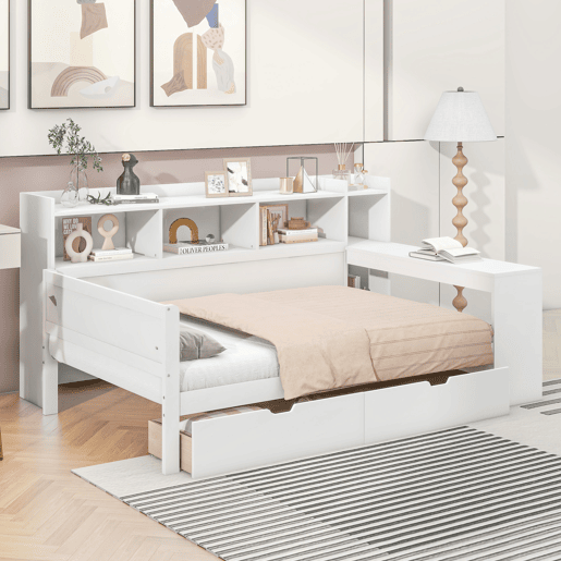 Sofá-cama 90x200 cm - secretária com tomada USB - 2 gavetas e prateleiras - Branco (colchão não incluído)