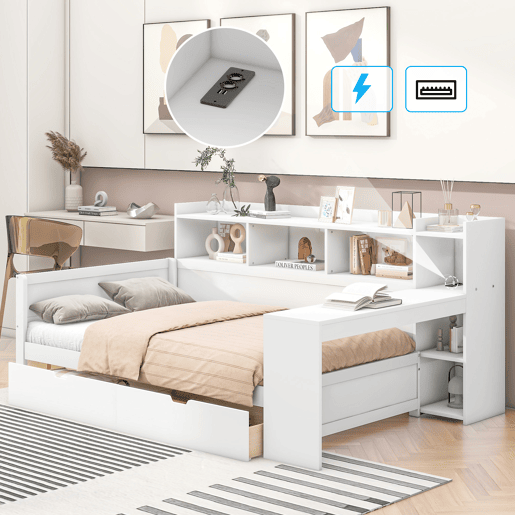 Sofá-cama 90x200 cm - secretária com tomada USB - 2 gavetas e prateleiras - Branco (colchão não incluído)