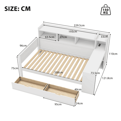 Sofá-cama 90x200 cm - secretária com tomada USB - 2 gavetas e prateleiras - Branco (colchão não incluído)