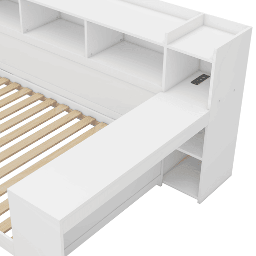 Sofá-cama 90x200 cm - secretária com tomada USB - 2 gavetas e prateleiras - Branco (colchão não incluído)
