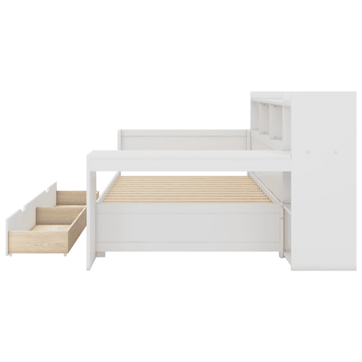Sofá-cama 90x200 cm - secretária com tomada USB - 2 gavetas e prateleiras - Branco (colchão não incluído)