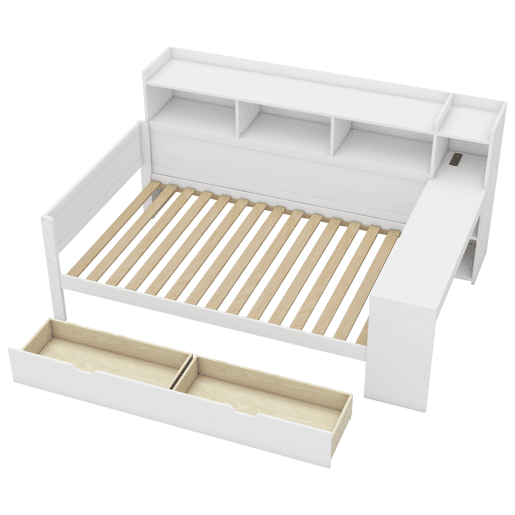 Sofá-cama 90x200 cm - secretária com tomada USB - 2 gavetas e prateleiras - Branco (colchão não incluído)