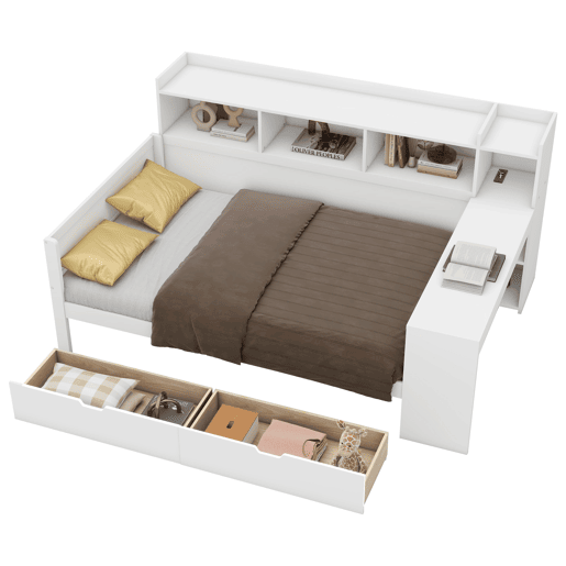 Sofá-cama 90x200 cm - secretária com tomada USB - 2 gavetas e prateleiras - Branco (colchão não incluído)