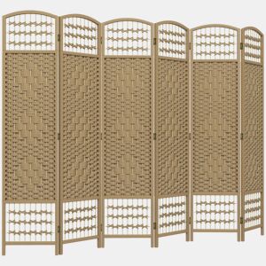 HOMCOM Biombo Dobrável de 6 Painéis, 240x170 cm, Separador de Ambientes em Corda de Papel, Estrutura de Madeira, Decoração para Quarto e Sala, Natural
