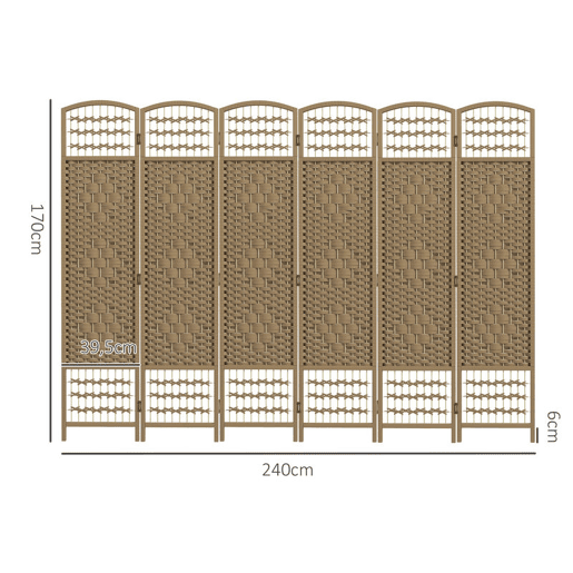 HOMCOM Biombo Dobrável de 6 Painéis, 240x170 cm, Separador de Ambientes em Corda de Papel, Estrutura de Madeira, Decoração para Quarto e Sala, Natural