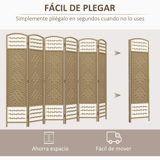 HOMCOM Biombo Dobrável de 6 Painéis, 240x170 cm, Separador de Ambientes em Corda de Papel, Estrutura de Madeira, Decoração para Quarto e Sala, Natural