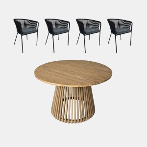 Mesa de jantar redonda em madeira, interiorexterior + 4 cadeirões em corda e aço, Oviedo + Santos, Preto, 120x120x75 cm