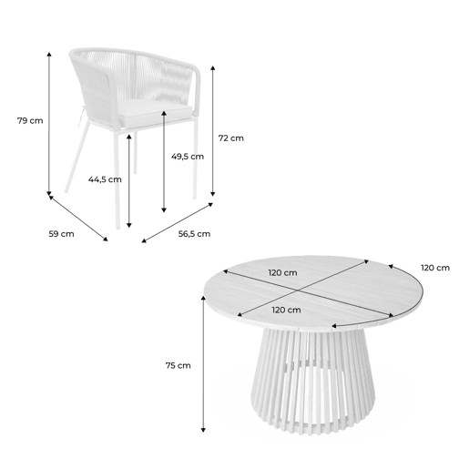 Mesa de jantar redonda em madeira, interiorexterior + 4 cadeirões em corda e aço, Oviedo + Santos, Preto, 120x120x75 cm