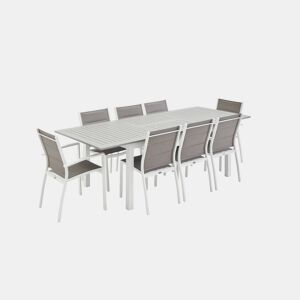 Mesa de jardim extensível em alumínio, 8 cadeiras, Chicago 8, Branco, 244x100x75 cm