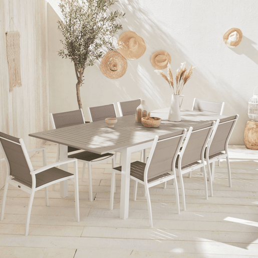 Mesa de jardim extensível em alumínio, 8 cadeiras, Chicago 8, Branco, 244x100x75 cm