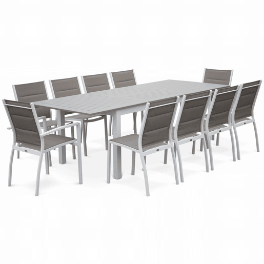 Mesa de jardim extensível em alumínio, 8 cadeiras, Chicago 8, Branco, 244x100x75 cm