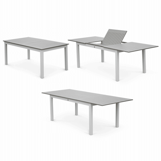 Mesa de jardim extensível em alumínio, 8 cadeiras, Chicago 8, Branco, 244x100x75 cm