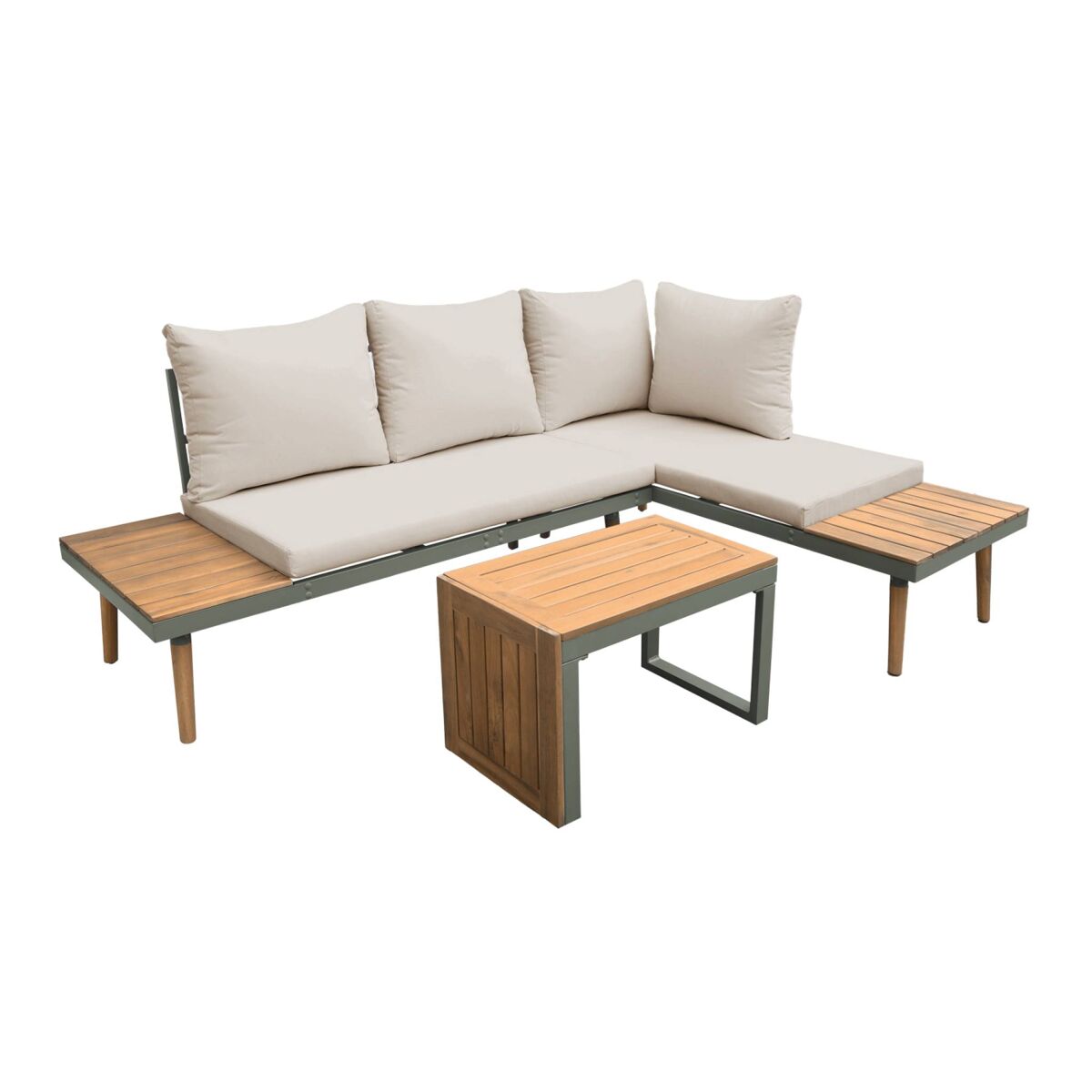 Conjunto de jardín en aluminio y en madera de acacia, 4 plazas kaki oscuro - 140x68x65 cm