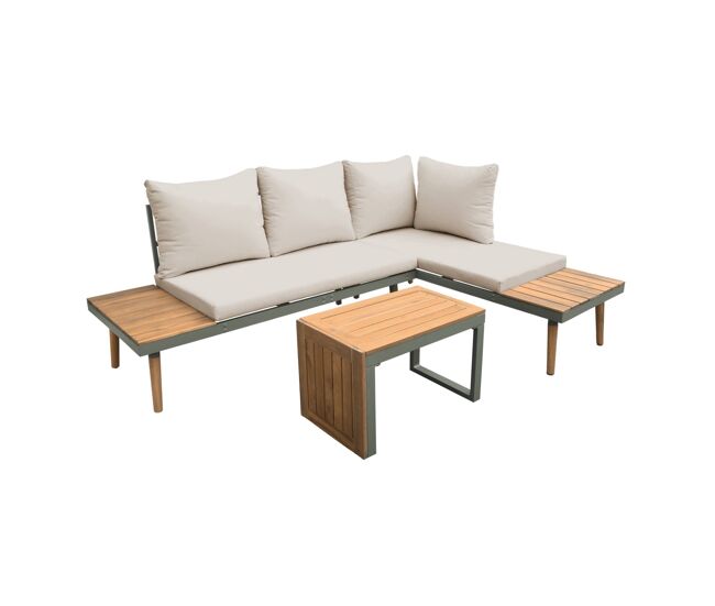 Conjunto de jardín en aluminio y en madera de acacia, 4 plazas kaki oscuro - 140x68x65 cm