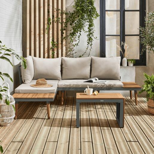 Conjunto de jardim com sofá modular em alumínio e acácia, 4 lugares, Sao Paulo, Caqui, 140x68x65 cm