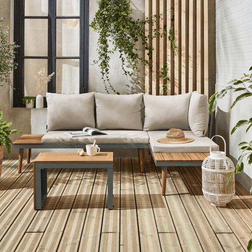 Conjunto de jardim com sofá modular em alumínio e acácia, 4 lugares, Sao Paulo, Caqui, 140x68x65 cm