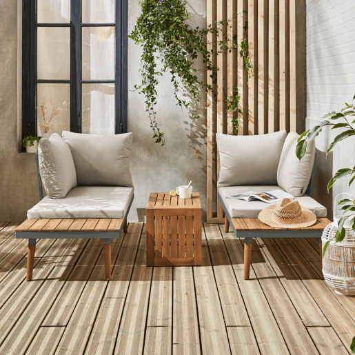 Conjunto de jardim com sofá modular em alumínio e acácia, 4 lugares, Sao Paulo, Caqui, 140x68x65 cm
