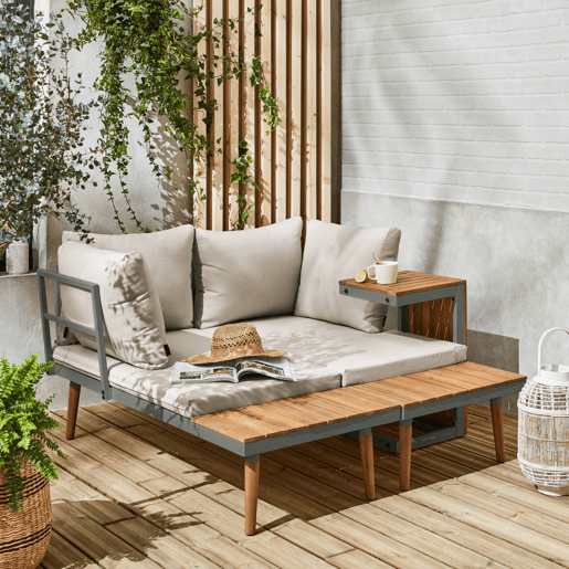 Conjunto de jardim com sofá modular em alumínio e acácia, 4 lugares, Sao Paulo, Caqui, 140x68x65 cm