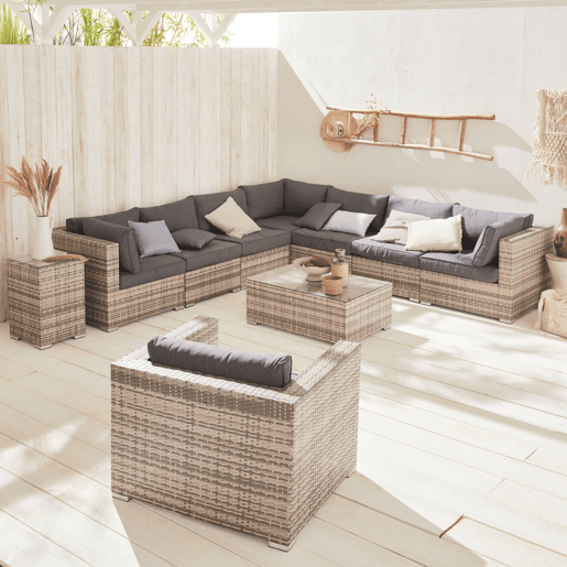 Conjunto de jardim relax em resina tecida para 8 a 10 pessoas, Venezia, Tons de cinza, 303.5x82x67 cm