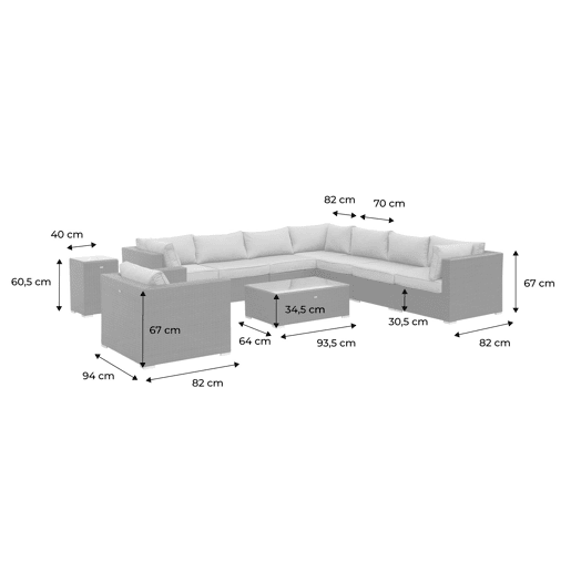 Conjunto de jardim relax em resina tecida para 8 a 10 pessoas, Venezia, Tons de cinza, 303.5x82x67 cm